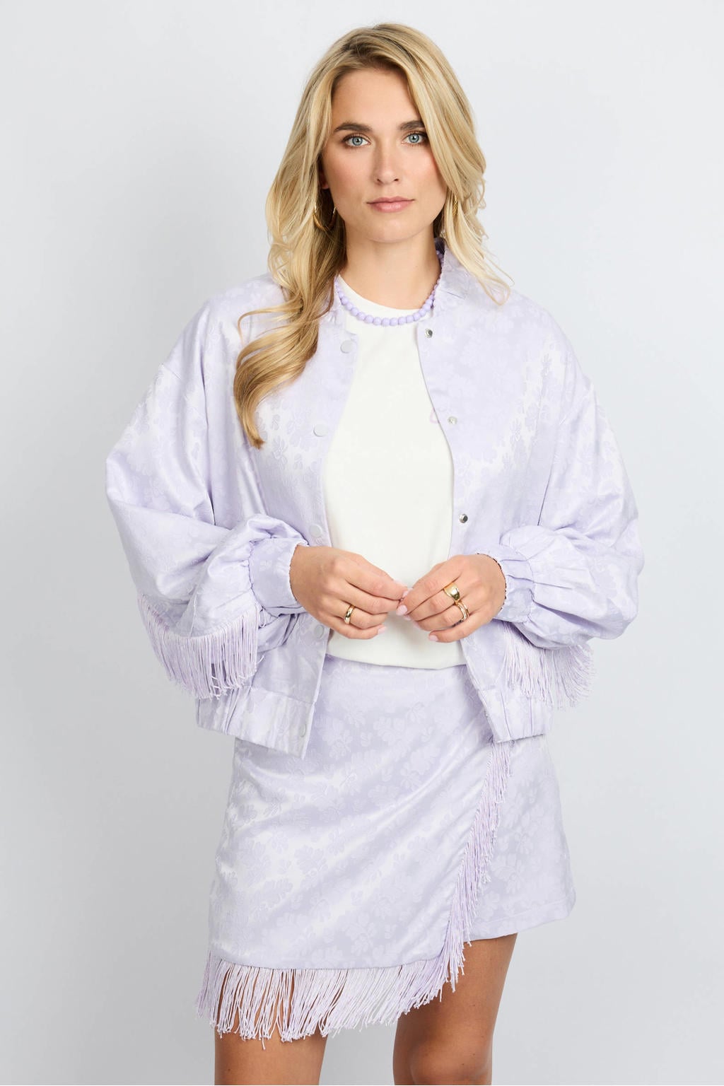 Lilakleurige dames FLURESK gebloemde bomberjack van polyester met lange mouwen, ronde hals en knoopsluiting