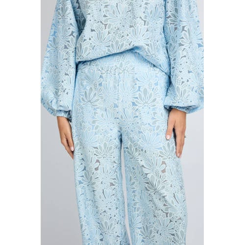 FLURESK straight high waist gebloemde broek lichtblauw afbeelding
