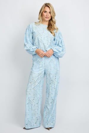 straight high waist gebloemde broek lichtblauw
