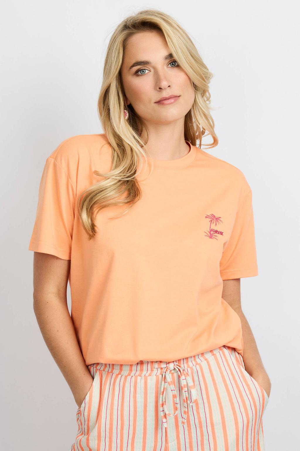 Oranje dames FLURESK T-shirt van katoen met backprint, korte mouwen en ronde hals