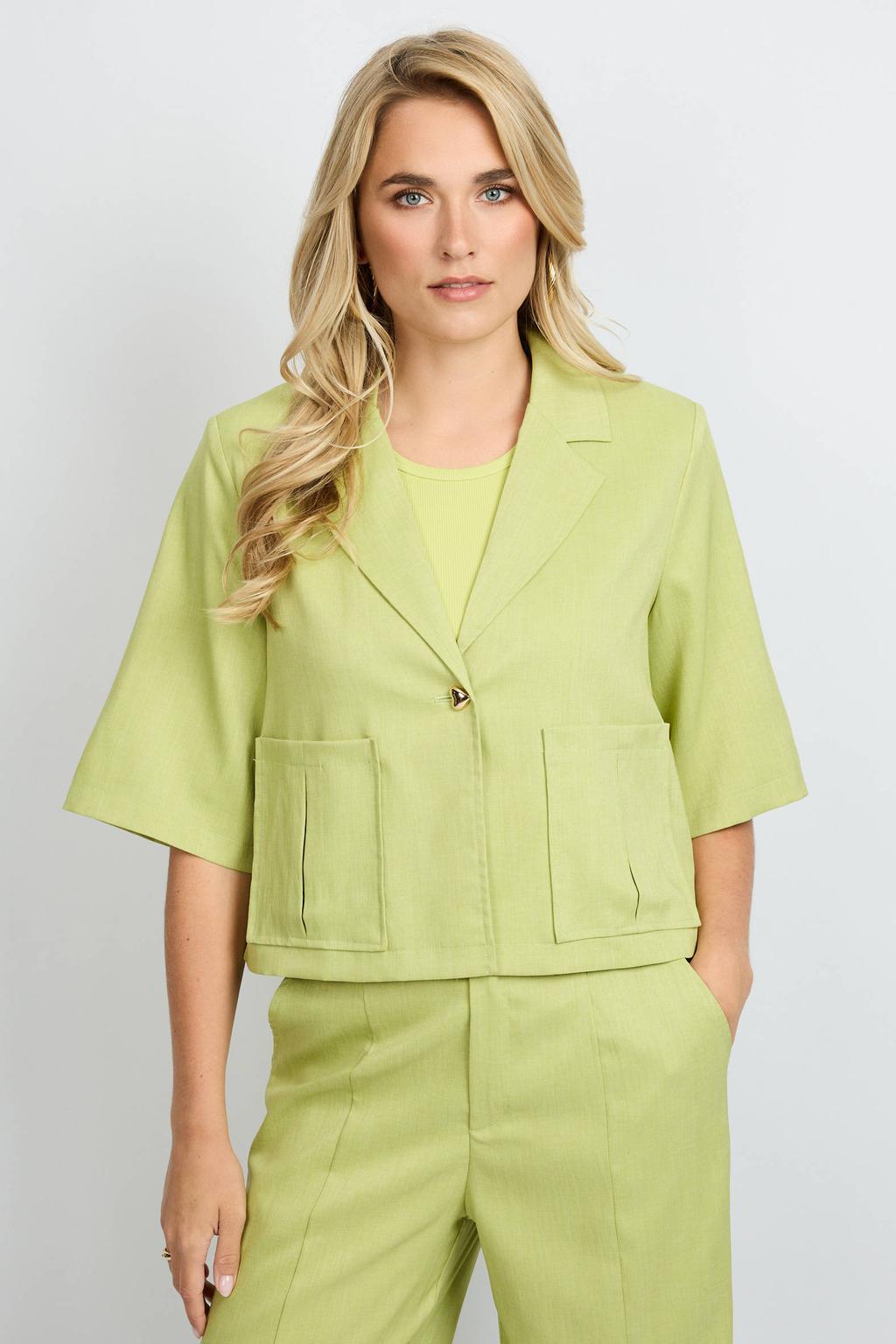Lichtgroene dames FLURESK cropped blazer van polyester met effen, half lange mouwen, reverskraag en knoopsluiting