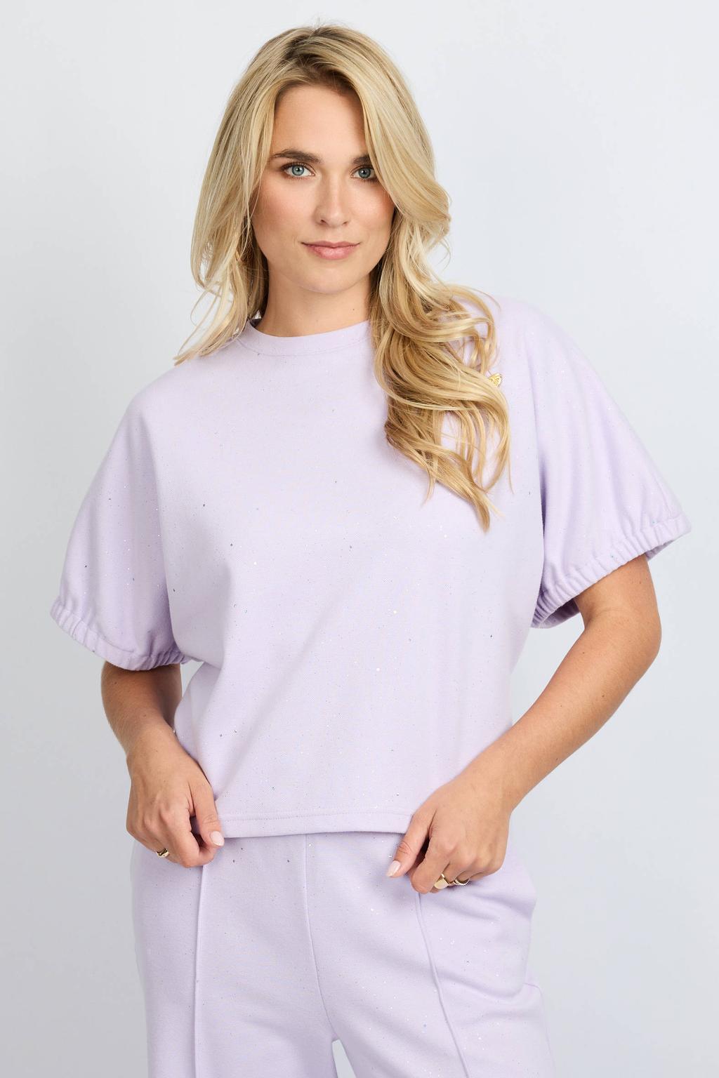 Lilakleurige dames FLURESK top met effen, korte mouwen, ronde hals en glitters