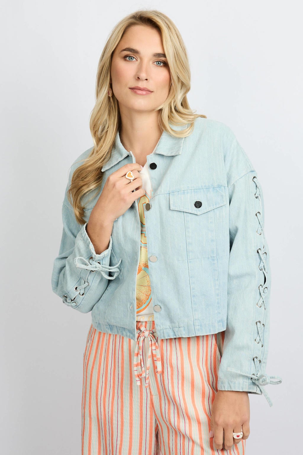 Light blue denim dames FLURESK spijkerjas van katoen met effen, lange mouwen, klassieke kraag en sierveter detail