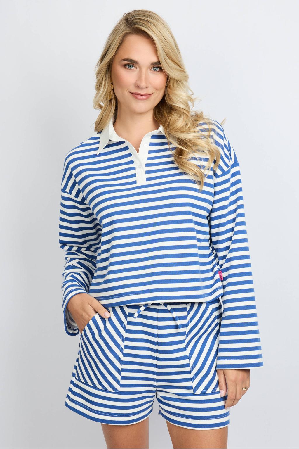 Blauw en witte dames FLURESK gestreepte polo van katoen met lange mouwen