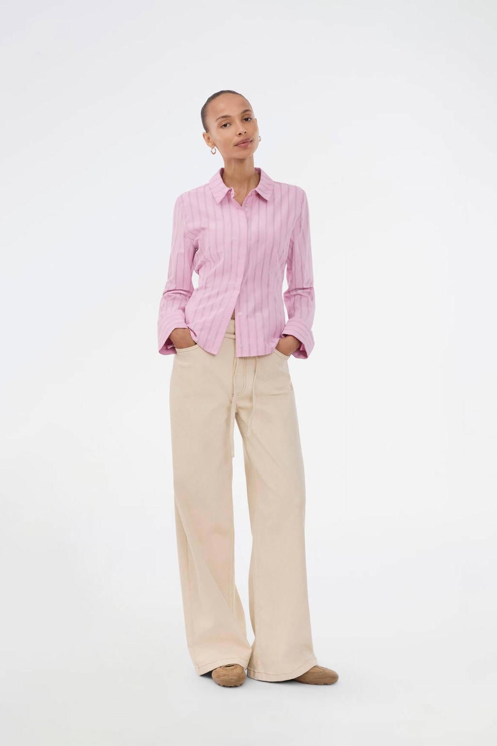 Ecru dames Modström wide leg jeans van denim met rits- en knoopsluiting en effen