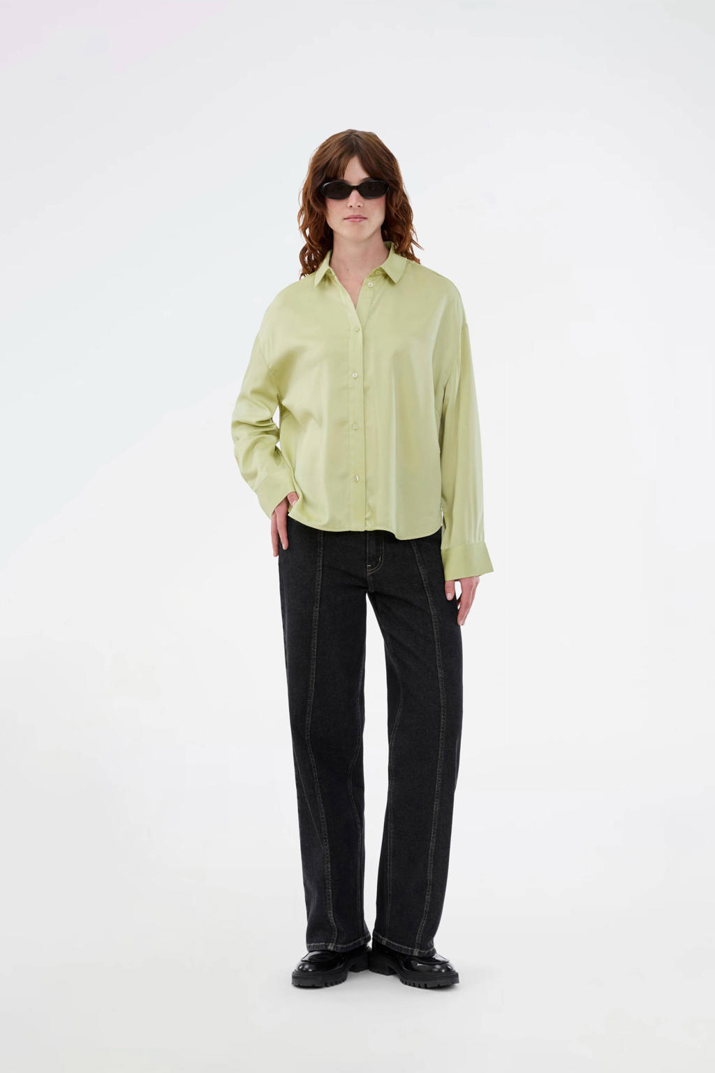 Lichtgroene dames Modström blouse van polyester met effen, lange mouwen, klassieke kraag en knoopsluiting