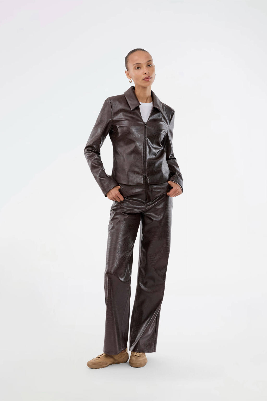 Bruine dames Modström imitatieleren wide leg regular waist broek met rits- en knoopsluiting