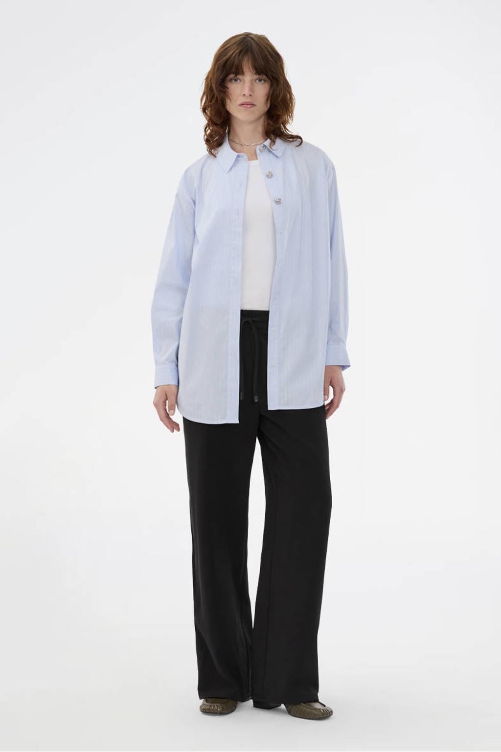 Lichtblauw en witte dames Modström blouse van katoen met krijtstreepprint, lange mouwen, klassieke kraag en knoopsluiting