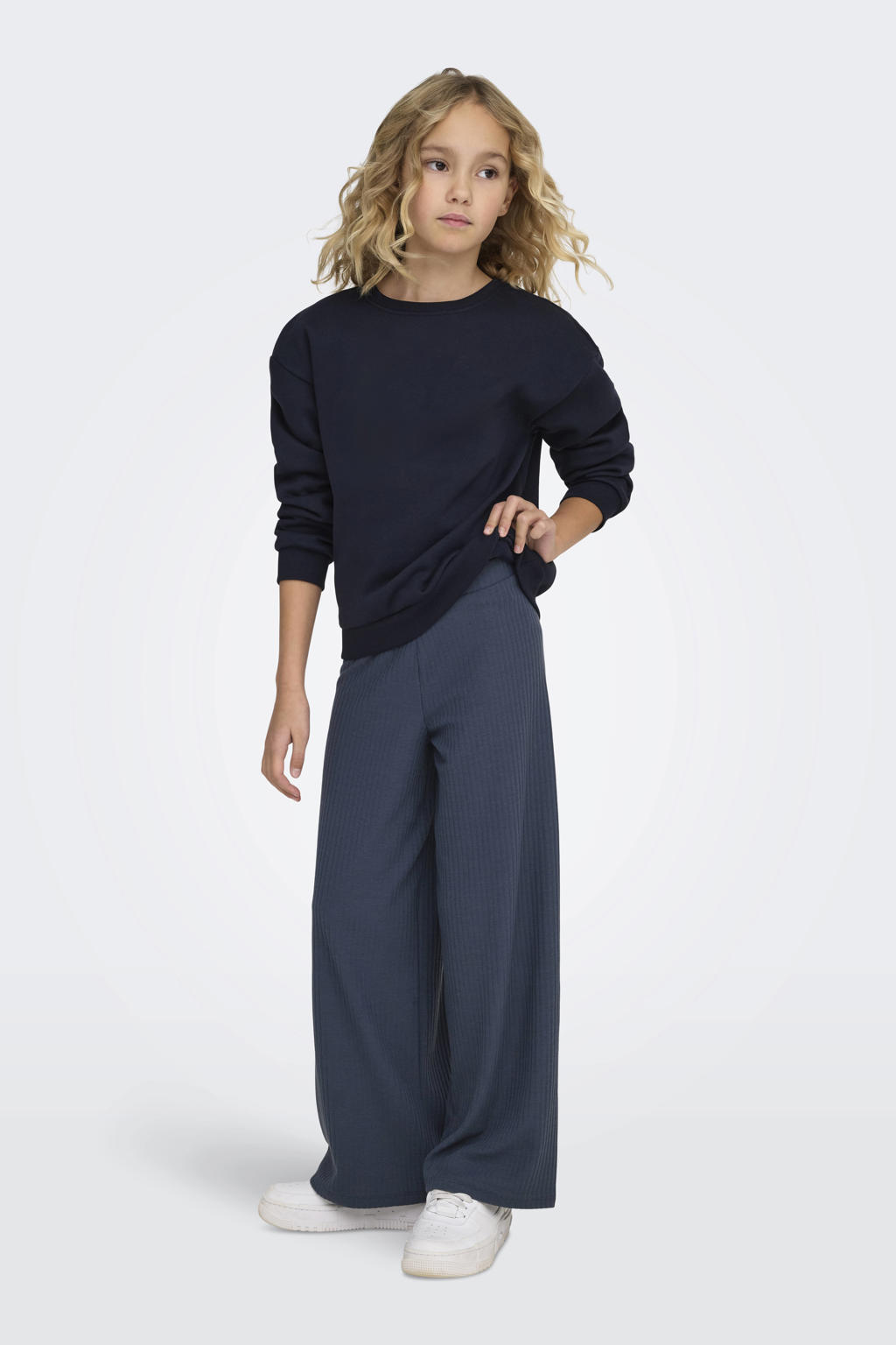 Grijsblauwe meisjes KIDS ONLY GIRL wide leg casual broek blauw met effen