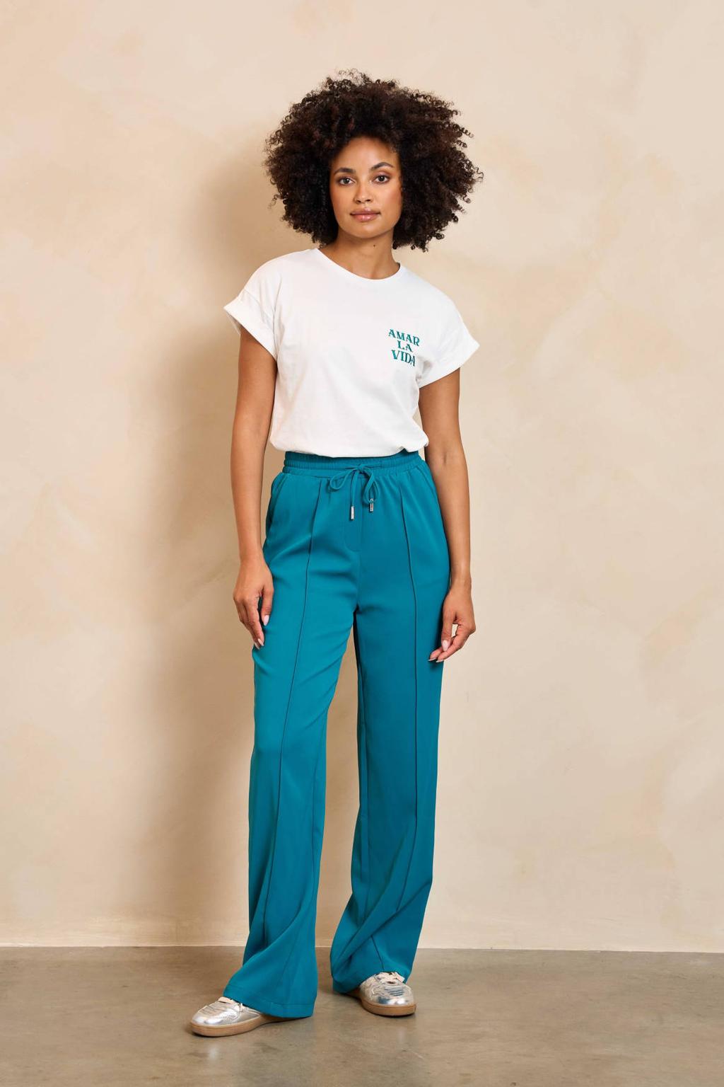 Blauwe dames Lofty Manner straight high waist casual broek van polyester met elastische tailleband met koord en effen