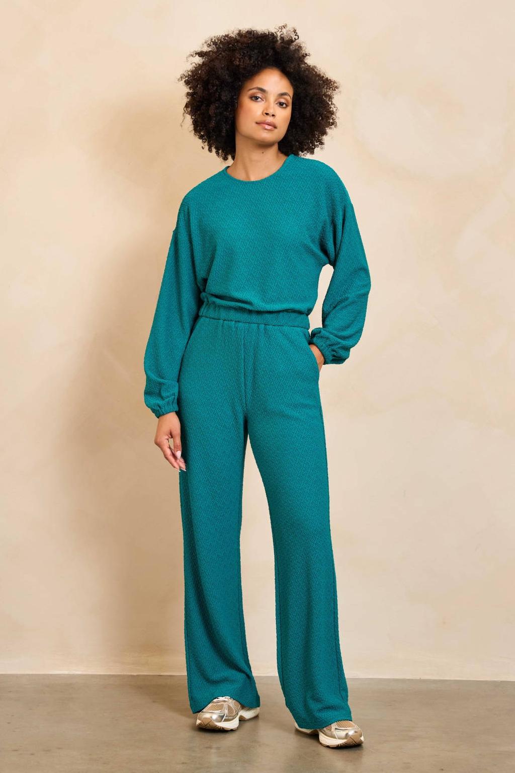 Blauwe dames Lofty Manner wide leg high waist casual broek met effen