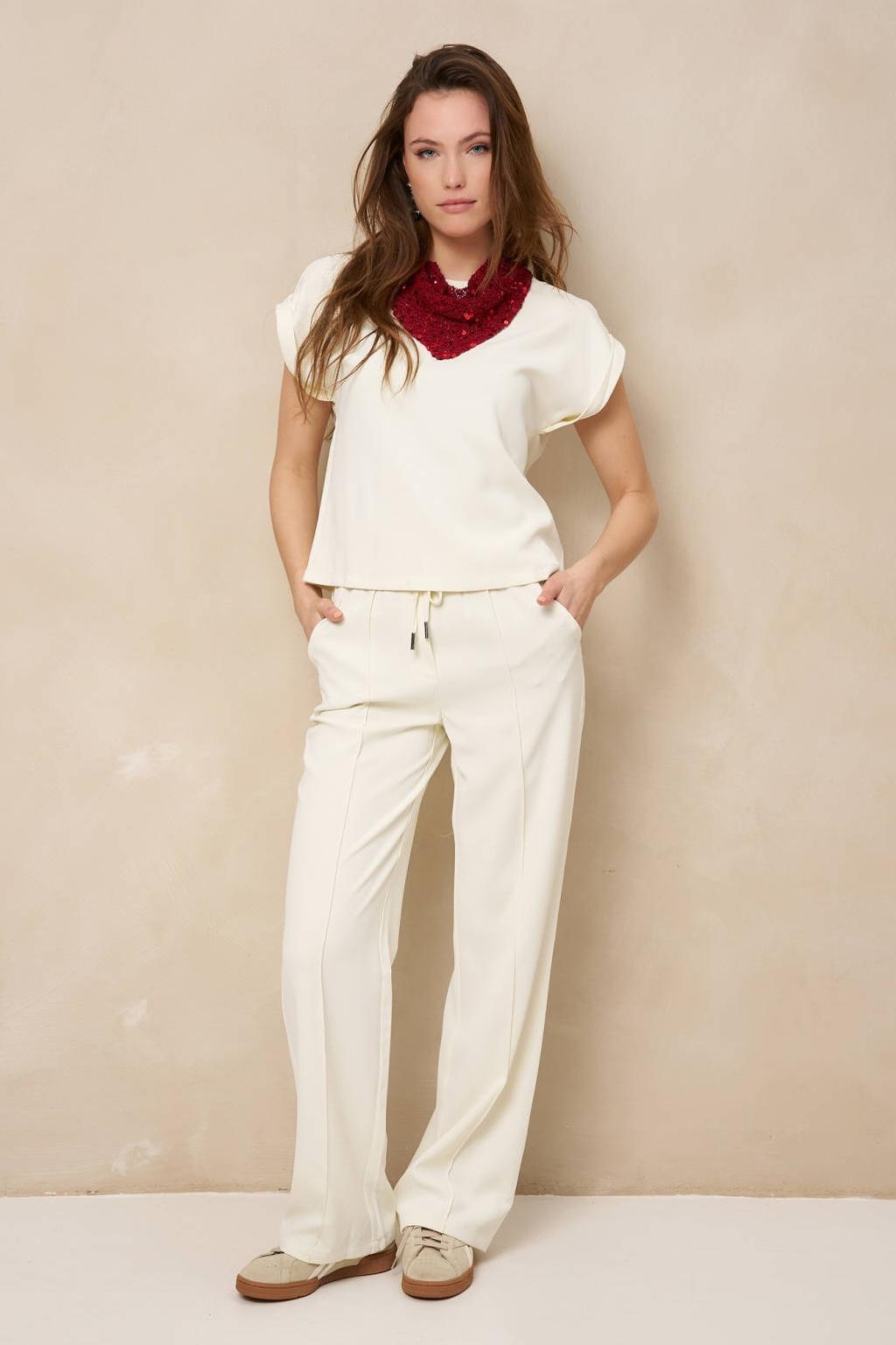 Ecru dames Lofty Manner top van polyester met effen, korte mouwen en ronde hals