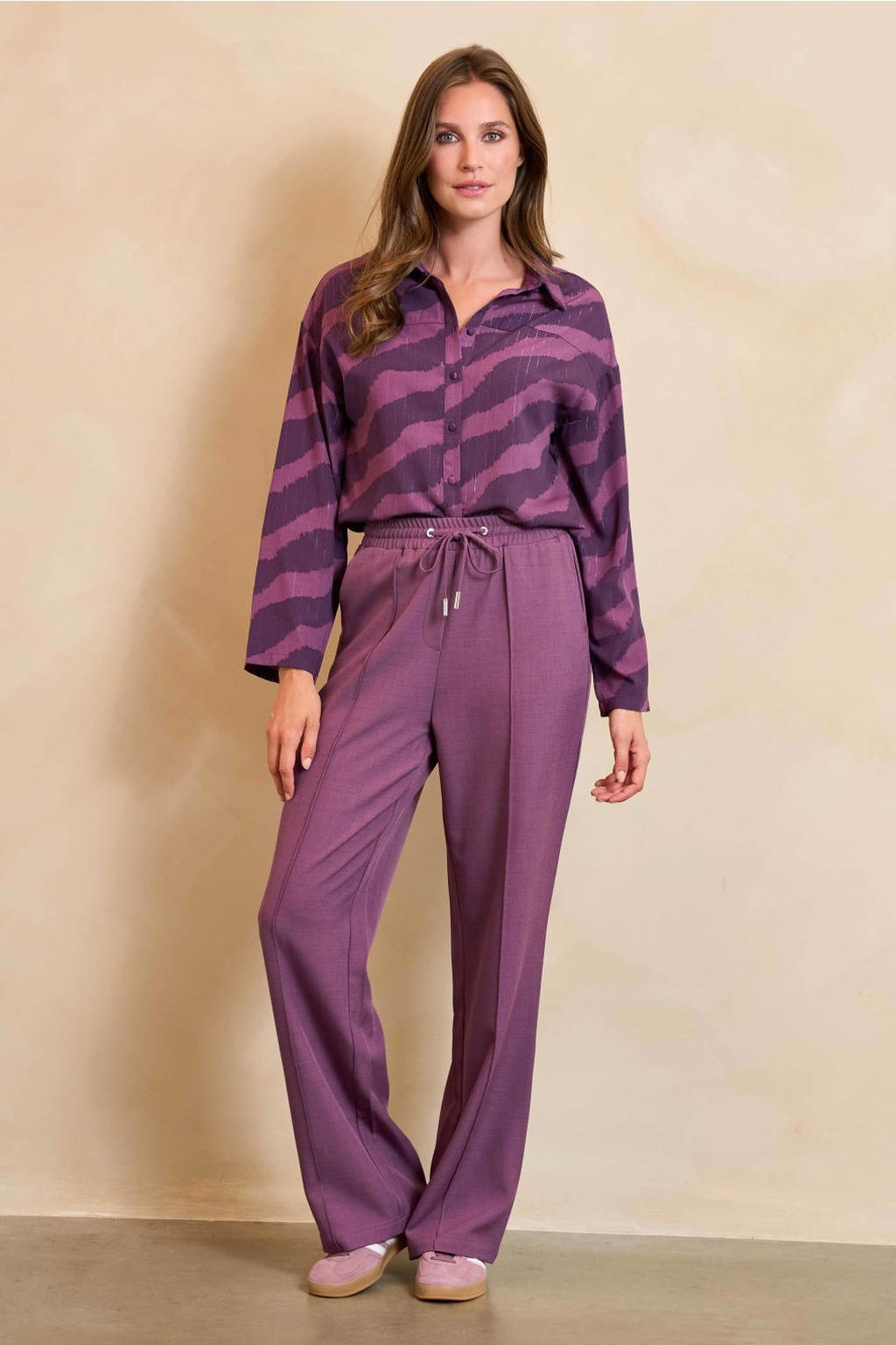 Paarse dames Lofty Manner wide leg high waist broek met elastische tailleband met koord en effen