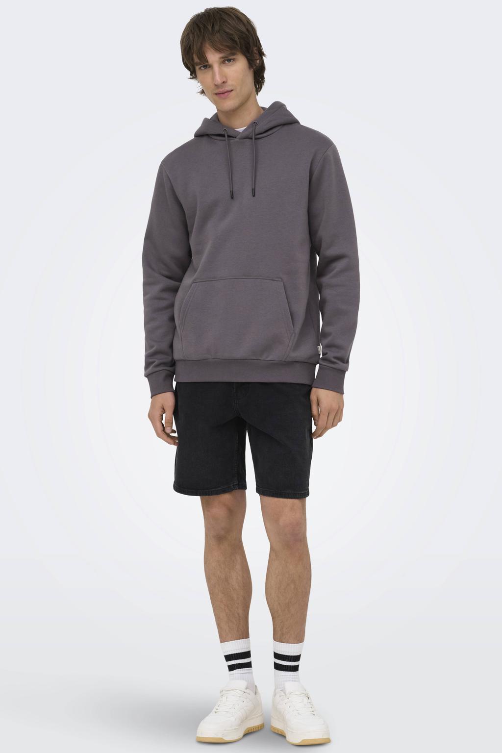 Grijze heren ONLY & SONS hoodie van sweat materiaal met effen, lange mouwen en capuchon