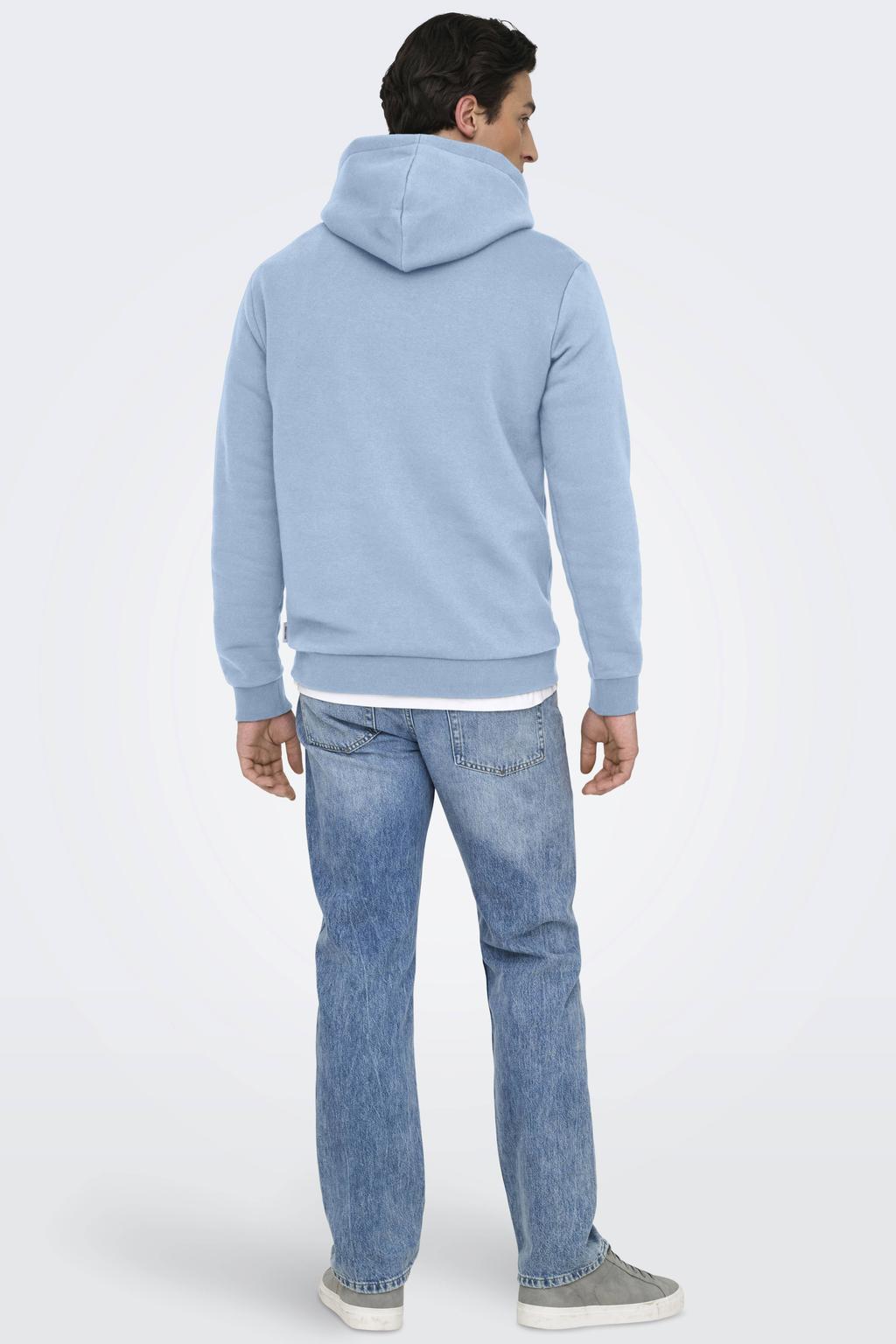 Lichtblauwe heren ONLY & SONS hoodie van sweat materiaal met effen, lange mouwen en capuchon
