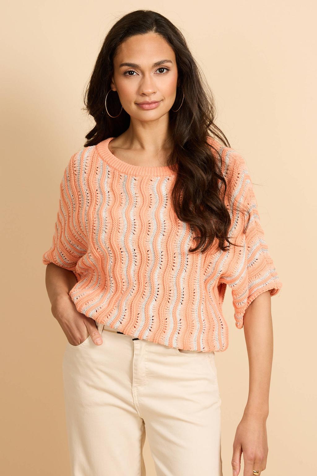 Koraalrood en witte dames G-maxx gestreepte pullover ajour van katoen met half lange mouwen en ronde hals