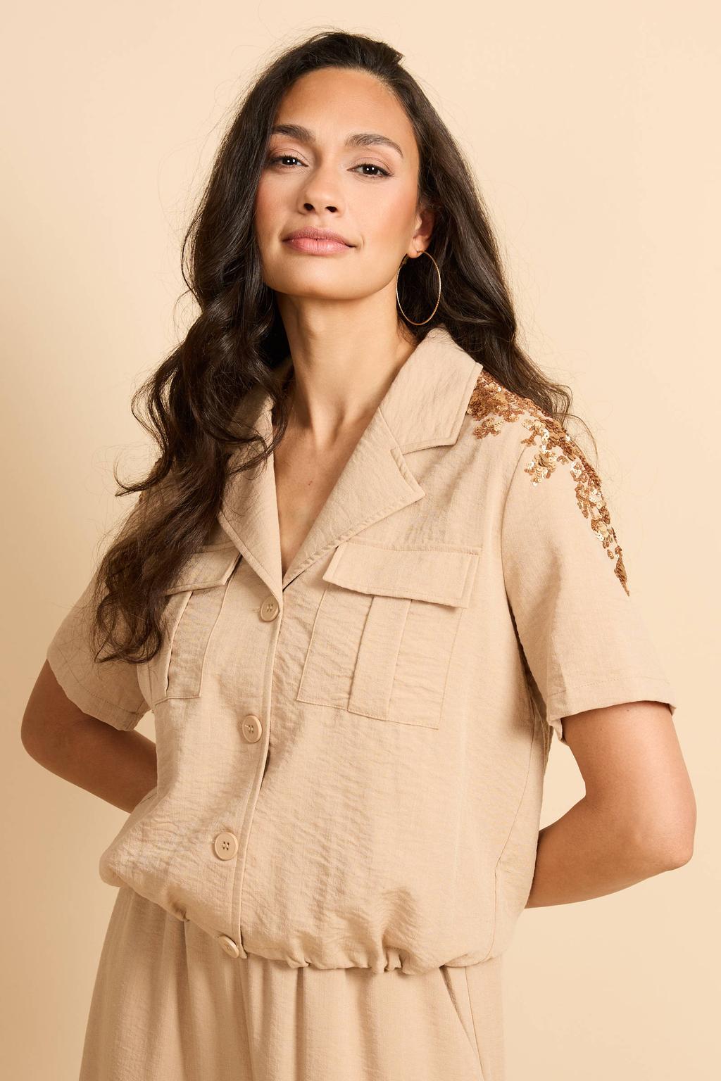 Lichtbruine dames G-maxx blouse van polyester met effen, korte mouwen, reverskraag, knoopsluiting en pailletten