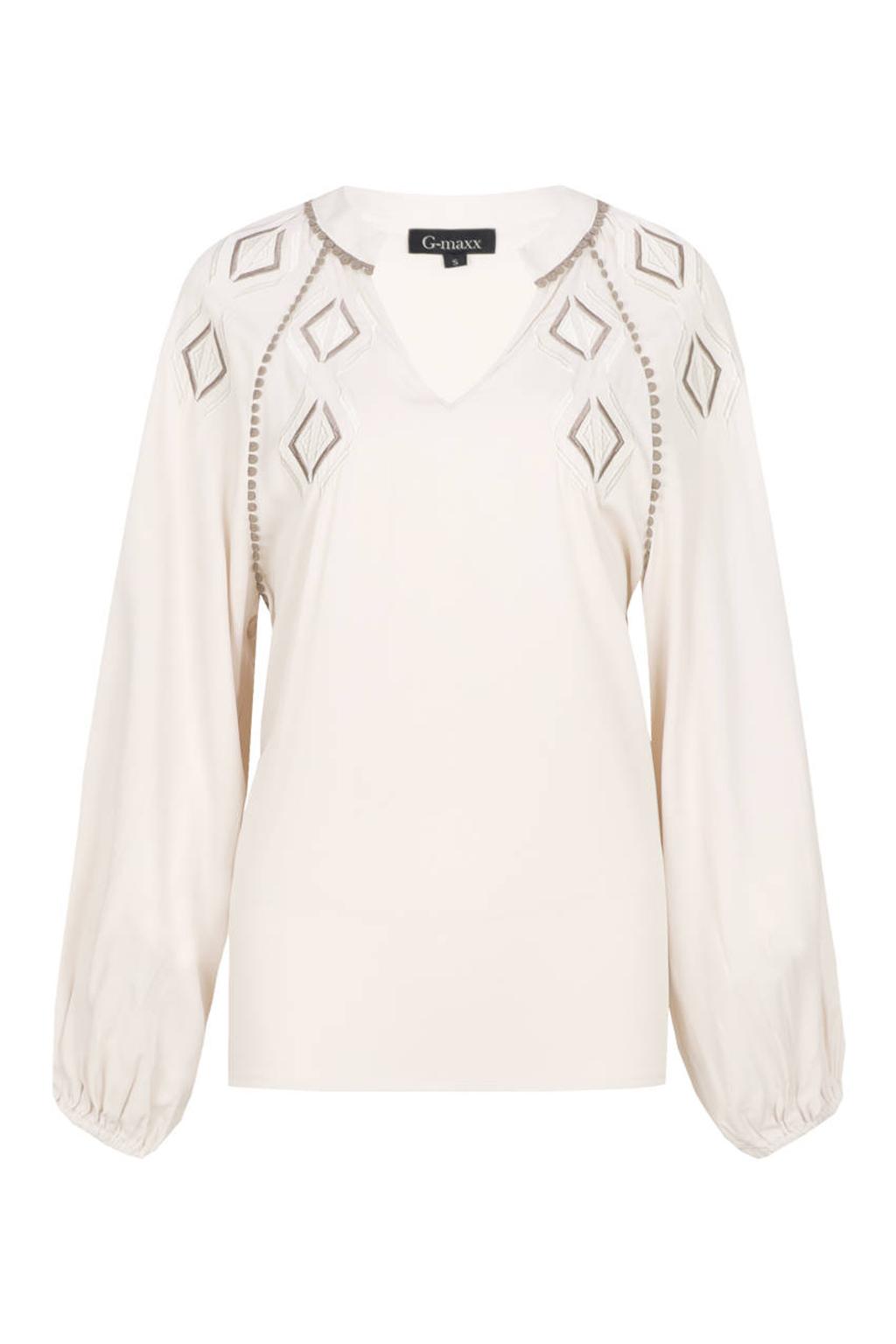 Witte dames G-maxx blousetop van rayon met effen, lange mouwen, V-hals en borduursels