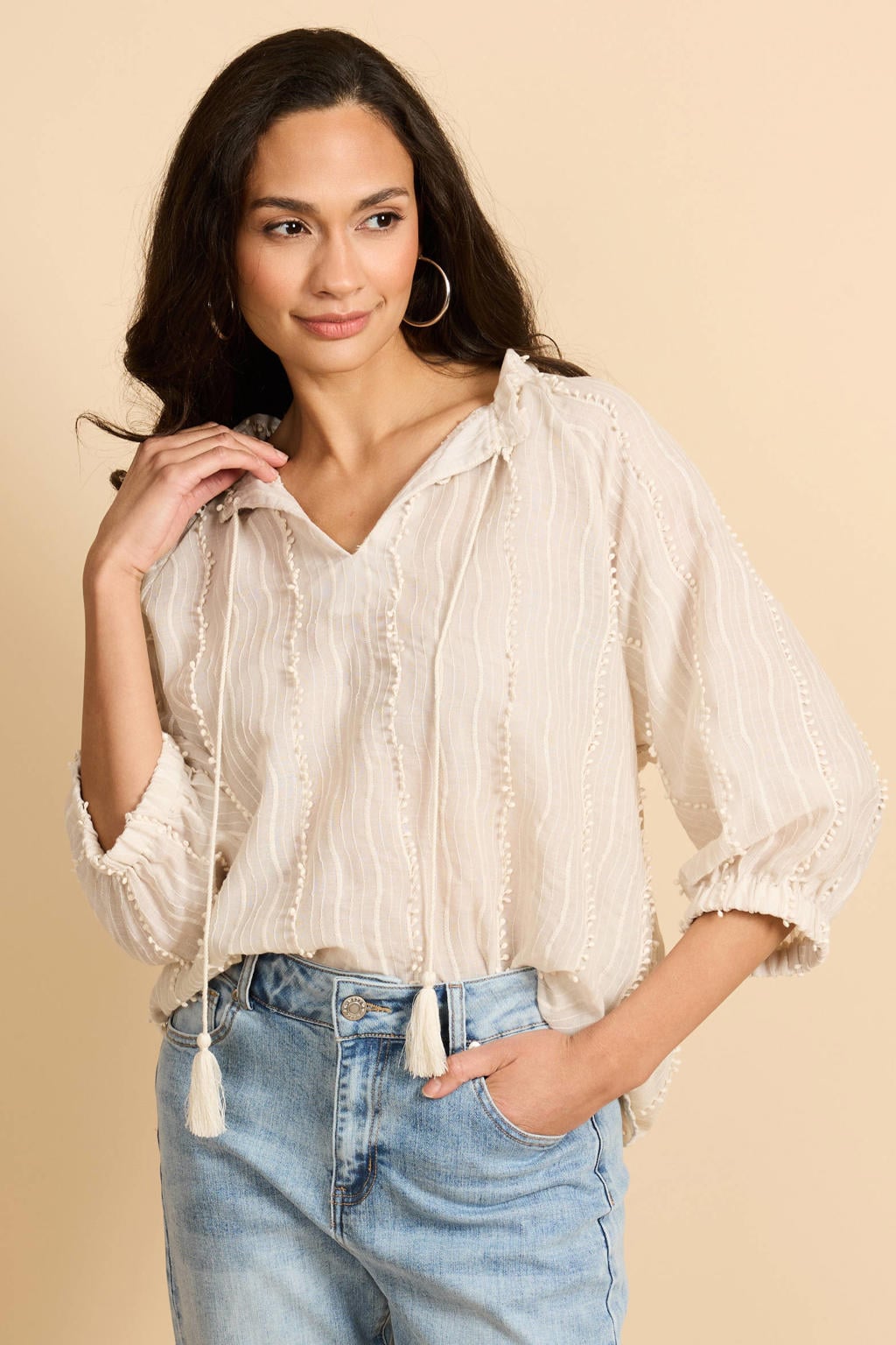 Ecru dames G-maxx blousetop van polyester met effen, driekwart mouwen, ronde hals, striksluiting en borduursels