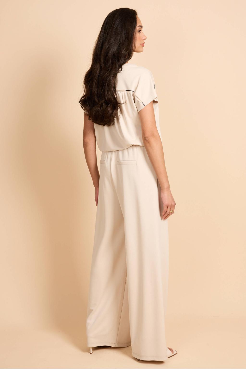 Crème dames G-maxx wide leg regular waist casual broek van modal met elastische tailleband met koord en effen