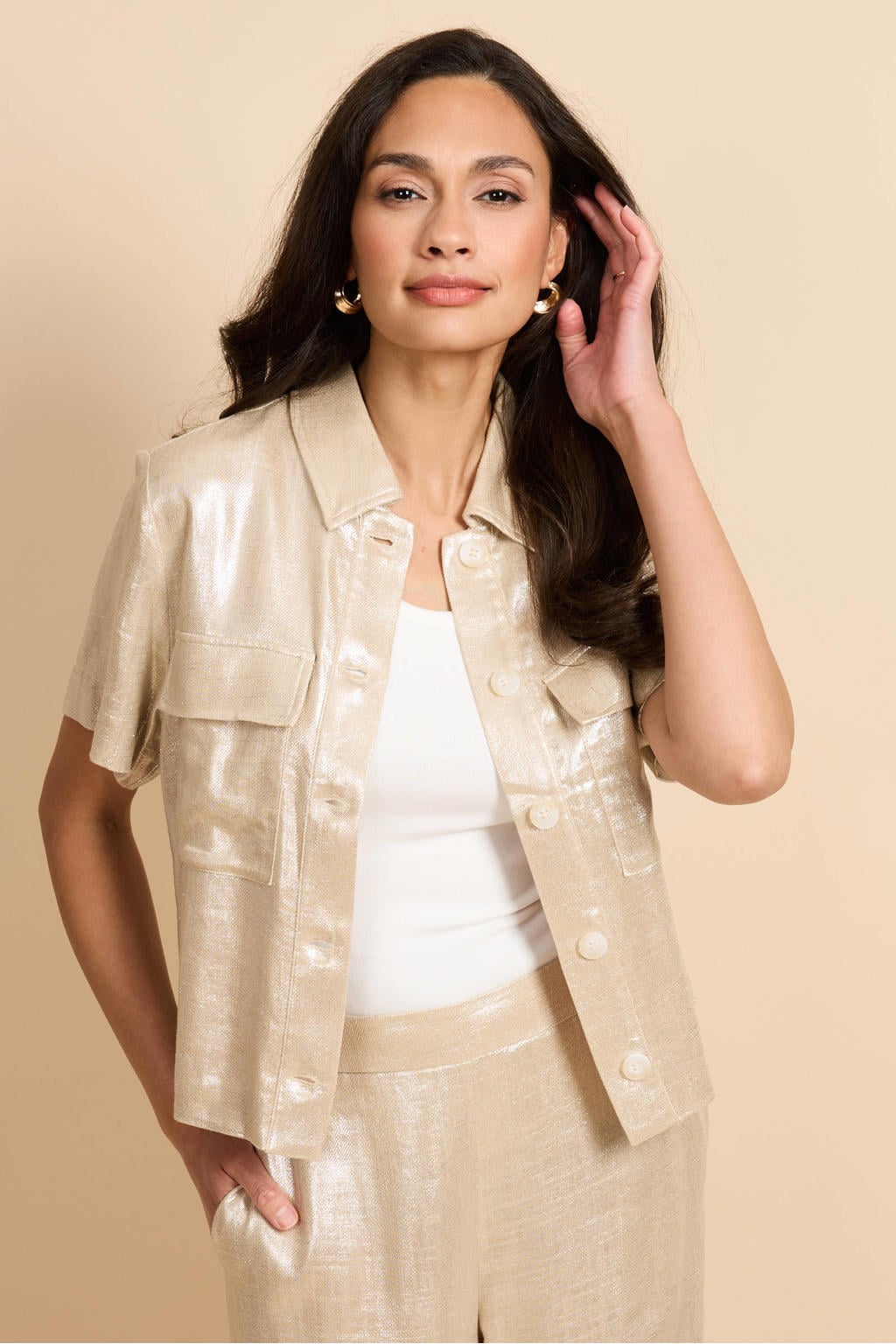 Beige dames G-maxx blouse van viscose met effen, korte mouwen, klassieke kraag, knoopsluiting en glimmend detail
