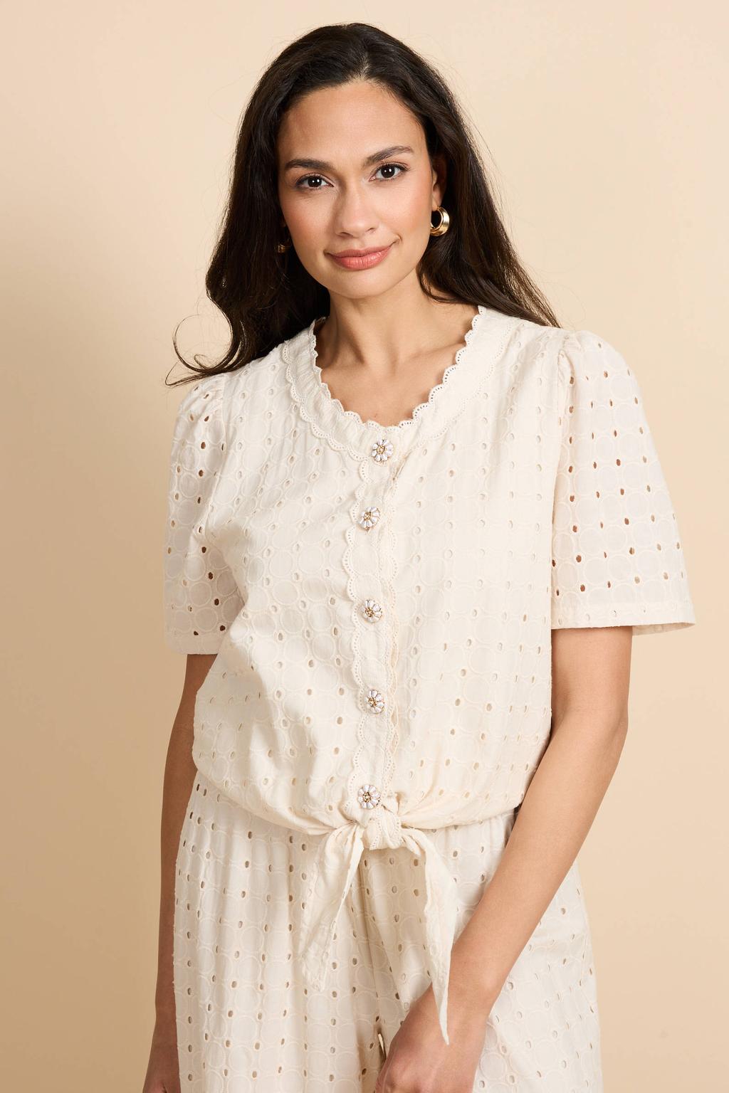Crème dames G-maxx blouse broderie van katoen met effen, korte mouwen, ronde hals en knoopsluiting