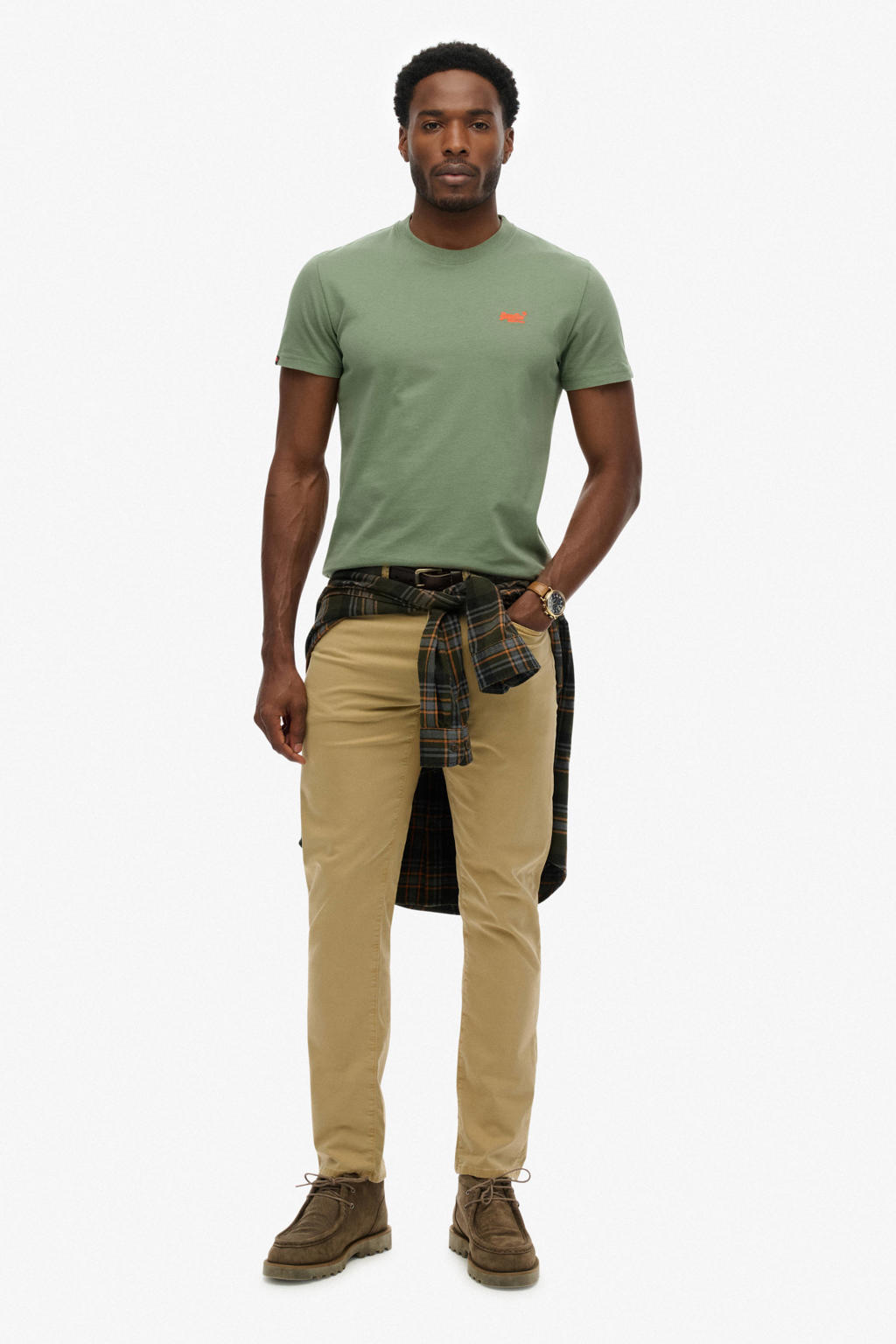 Groene heren Superdry slim T-shirt van katoen met effen, korte mouwen en ronde hals
