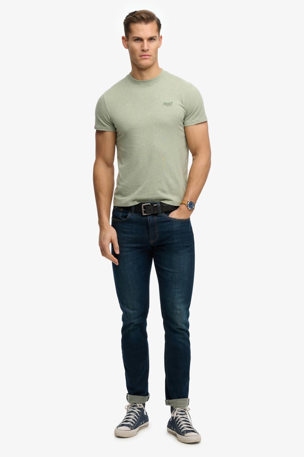 Groene heren Superdry slim T-shirt van katoen met melée print, korte mouwen en ronde hals