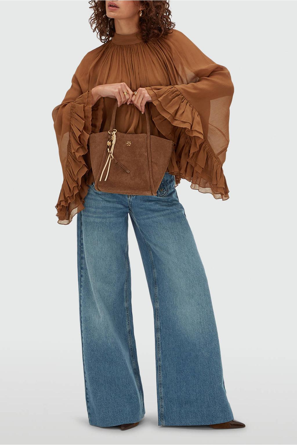 Bruine dames JOSH V blouse van viscose met effen, korte mouwen, klassieke kraag, knoopsluiting en ruches