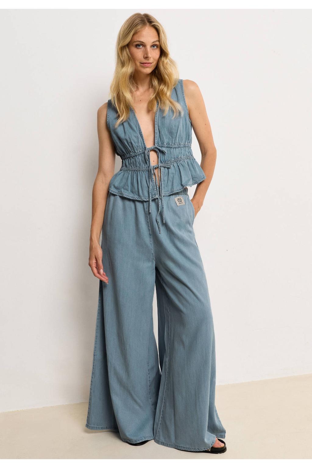 Medium blue denim dames JOSH V wide leg regular waist broek van katoen met effen