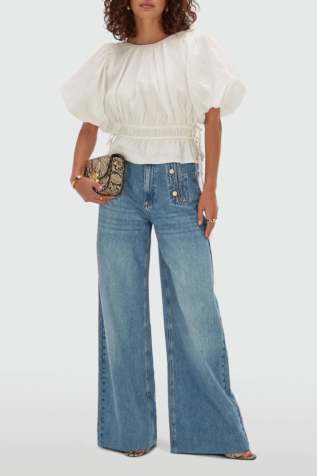 Ecru dames JOSH V blouse van linnen met effen, korte mouwen, klassieke kraag en knoopsluiting