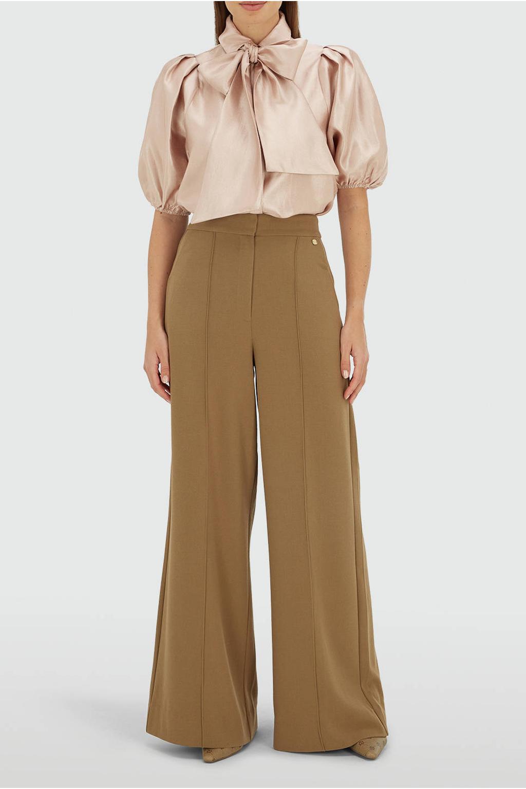 Oudroze dames JOSH V satijnen blouse met effen, driekwart mouwen, strikkraag, knoopsluiting en glimmend detail