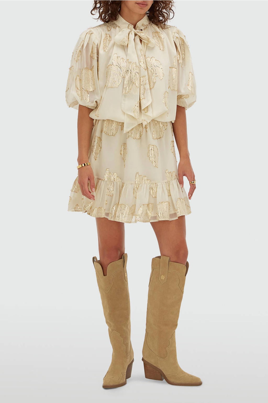 Beige en gouden dames JOSH V korte jurk van polyester met bladprint, korte mouwen, strikkraag en glimmend detail