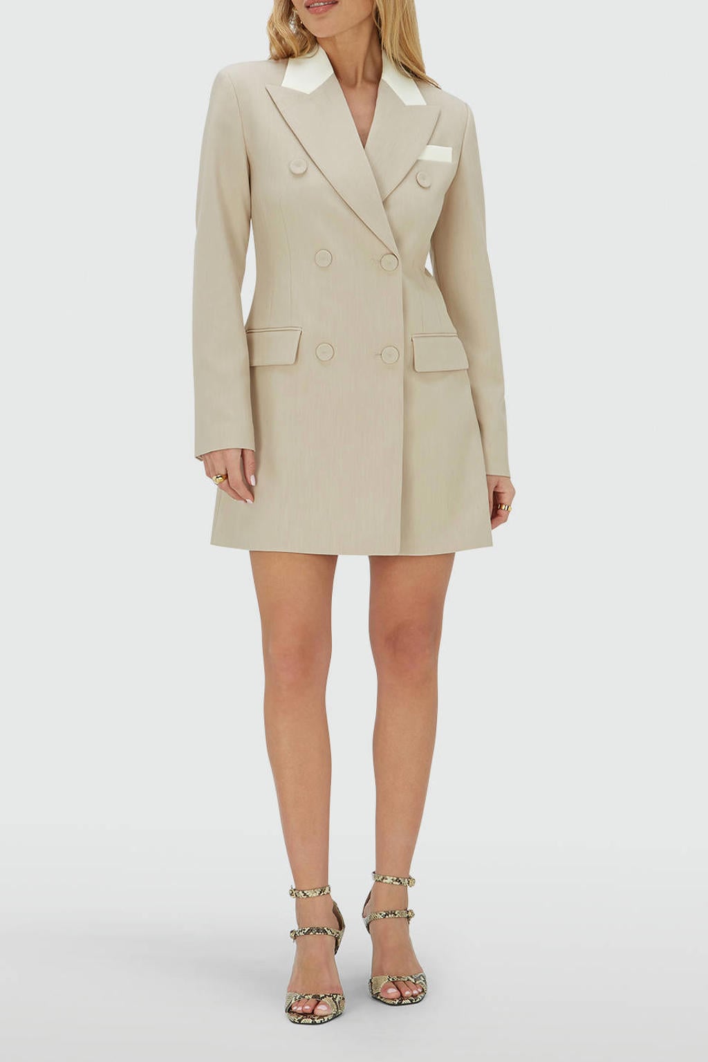 Beige en witte dames JOSH V blazerjurk korte jurk van polyester met meerkleurige print, lange mouwen en reverskraag