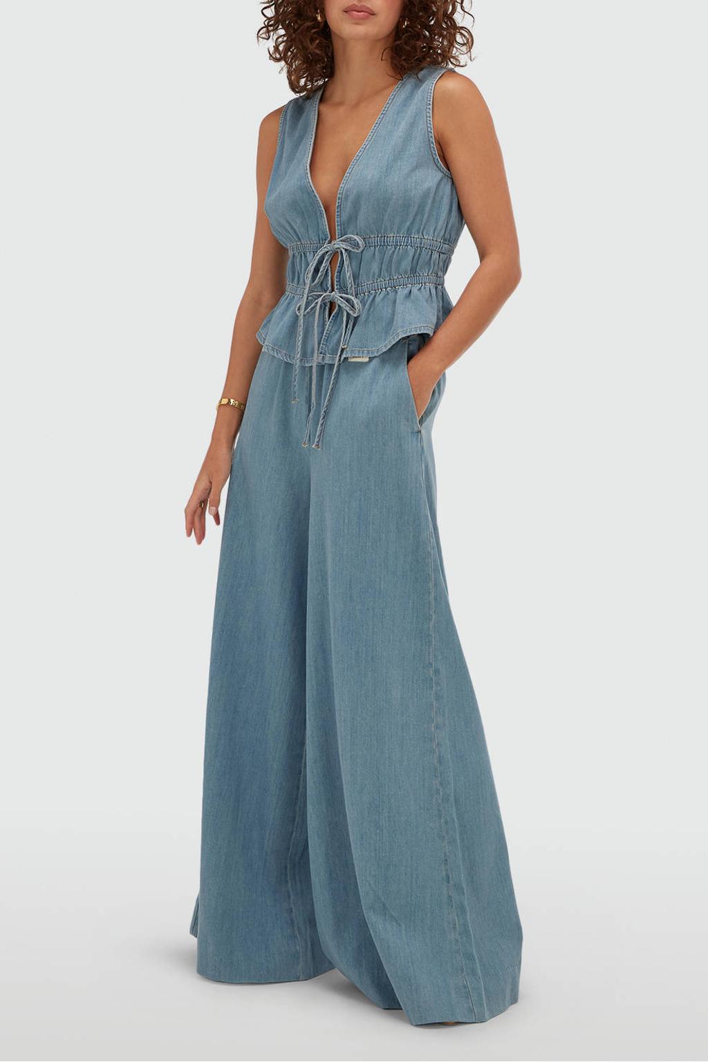 Medium blue denim dames JOSH V top met effen en V-hals