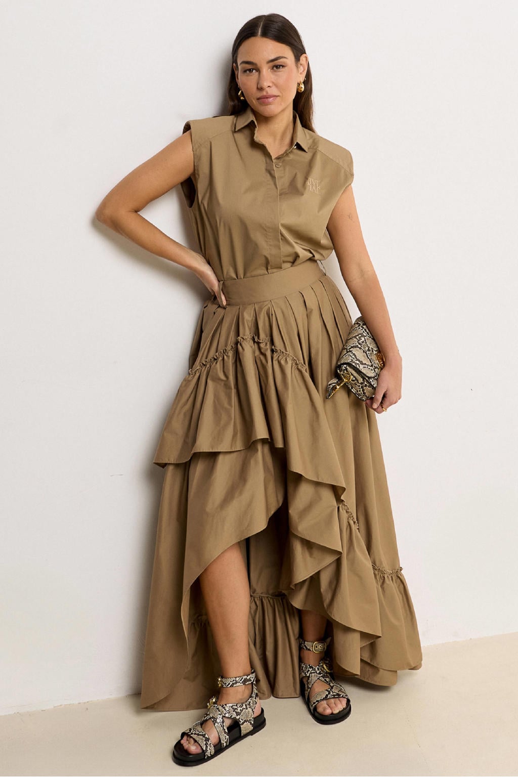Bruine dames JOSH V blouse van katoen met effen, klassieke kraag en knoopsluiting