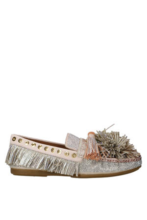 Pompom mocassin zilver/roze