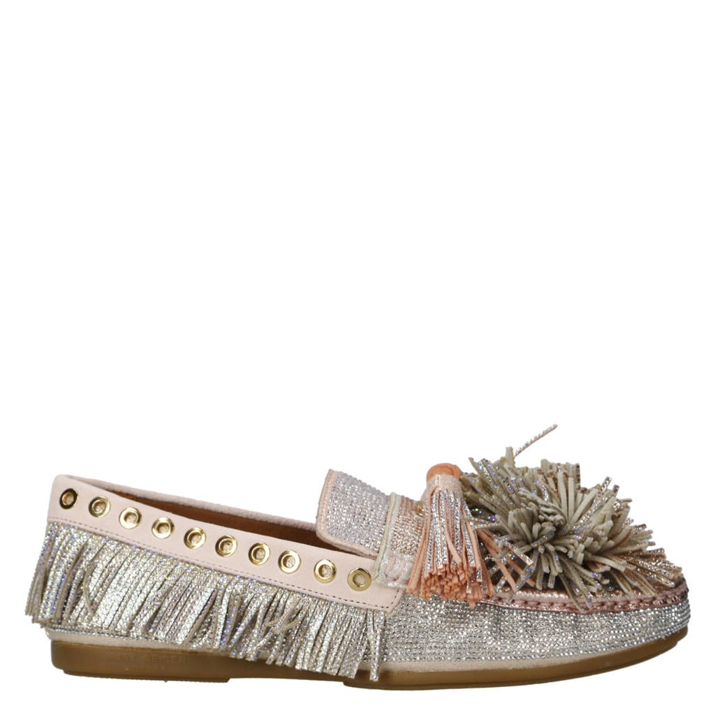 Zilver en roze dames Kurt Geiger Pompom mocassin van suède