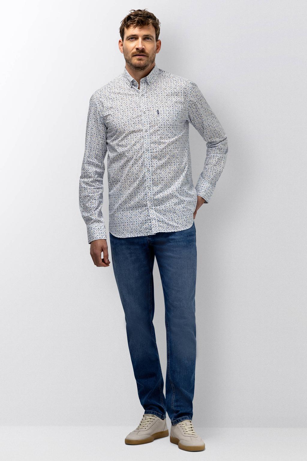 Lichtblauw en beige heren State of Art regular casual overhemd van katoen met lange mouwen, button down sluiting en knoopsluiting