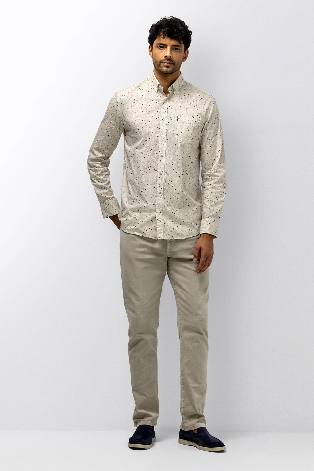 Beige heren State of Art regular casual overhemd van lyocell met lange mouwen, button down sluiting en knoopsluiting