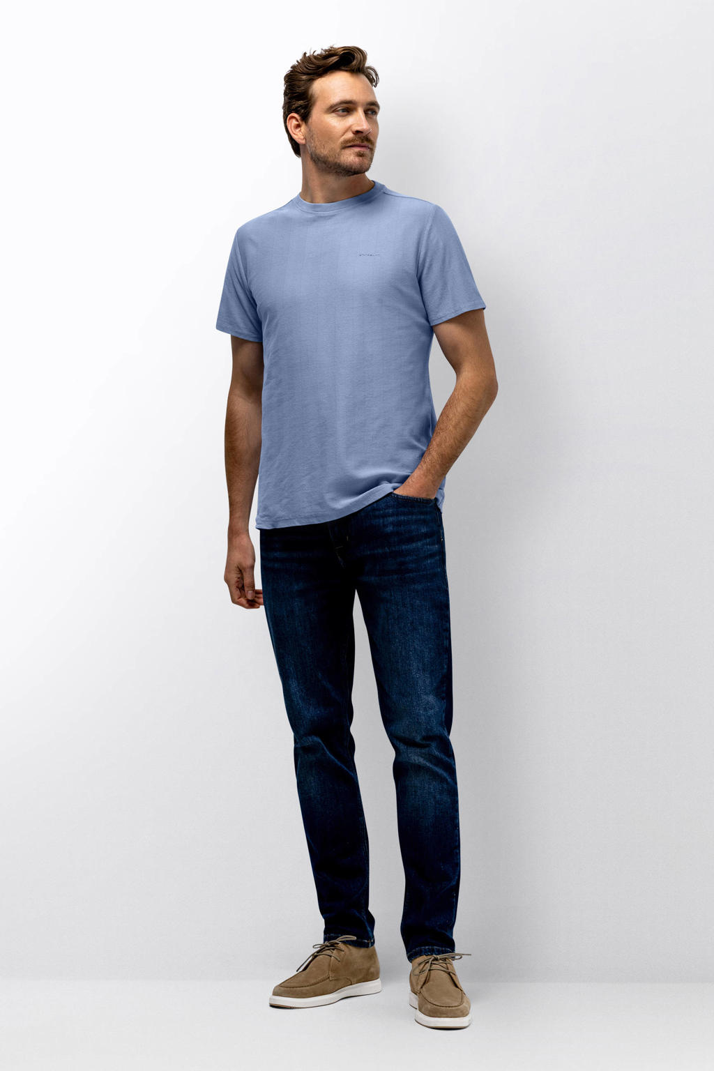 Lichtblauwe heren State of Art regular T-shirt van katoen met effen, korte mouwen en ronde hals
