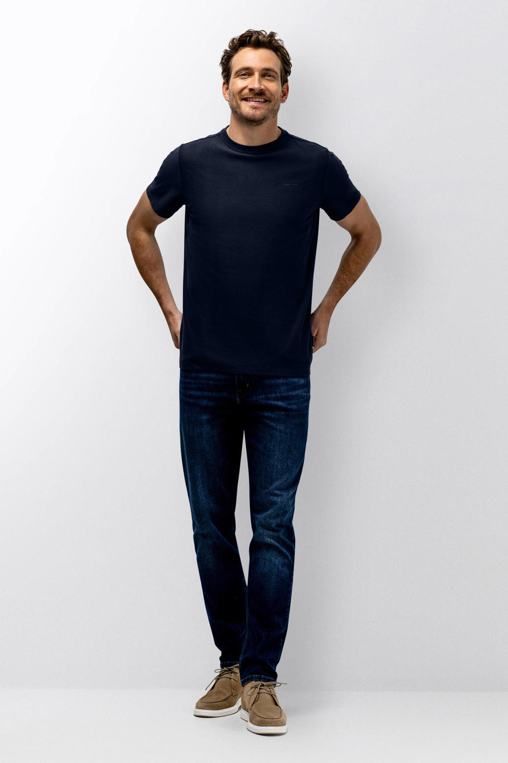 Donkerblauwe heren State of Art regular T-shirt van katoen met effen, korte mouwen en ronde hals