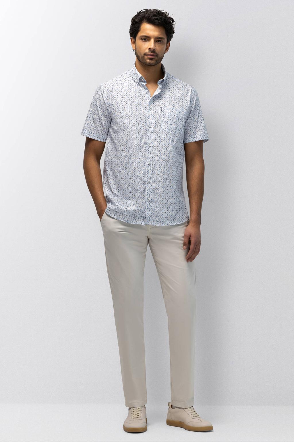 Blauw en beige heren State of Art regular casual overhemd van katoen met korte mouwen, button down sluiting en knoopsluiting