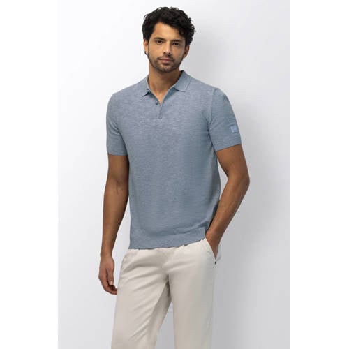 State of Art regular polo met linnen lichtblauw fijn gebreid afbeelding