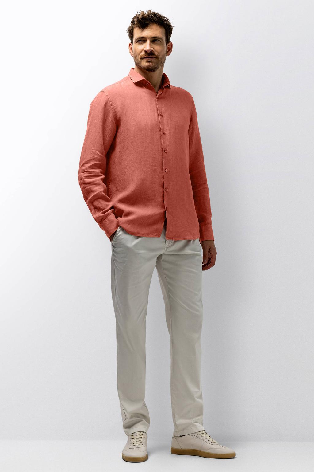 Roze heren State of Art regular casual overhemd van linnen met effen, lange mouwen, klassieke kraag en knoopsluiting