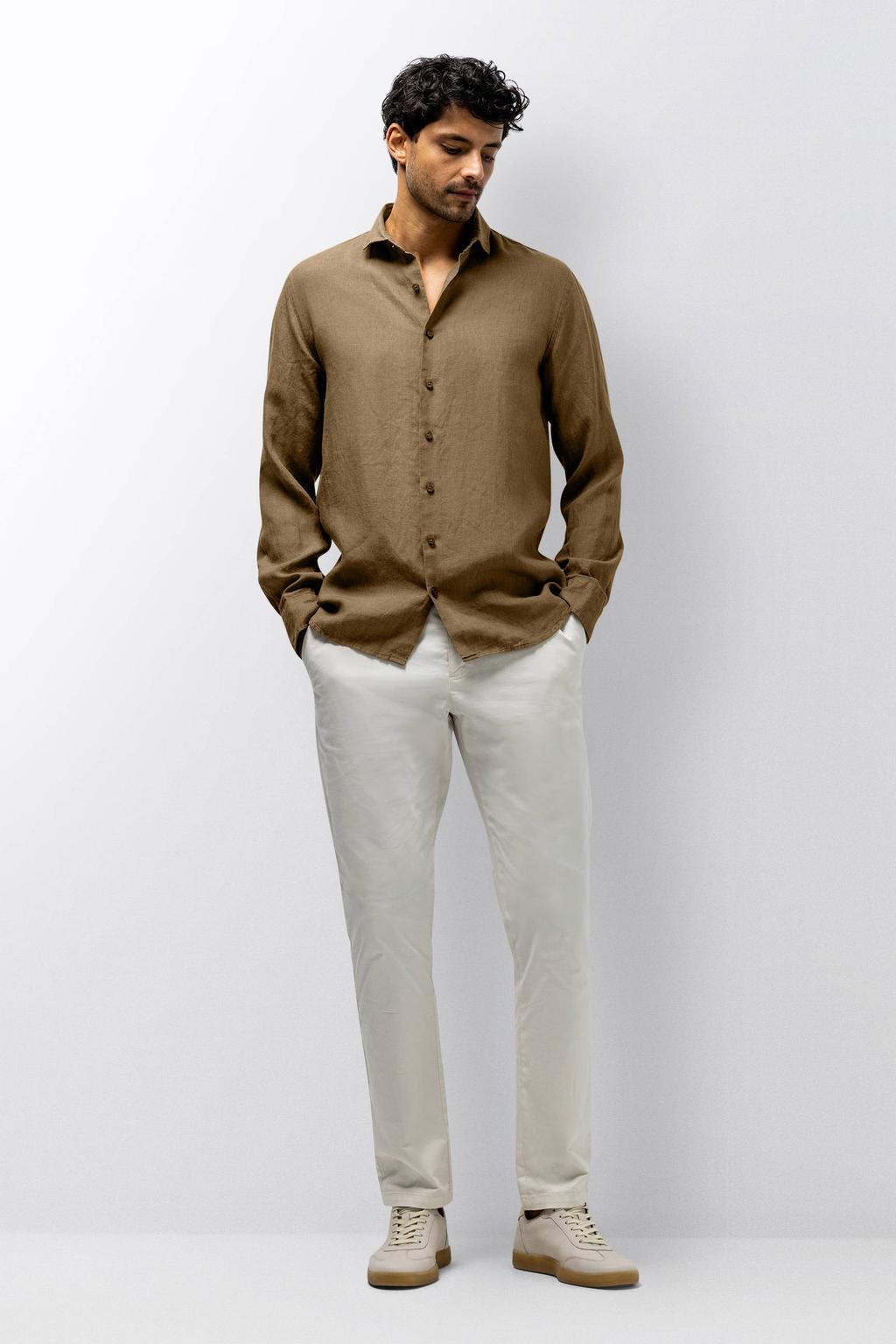 Bruine heren State of Art regular casual overhemd van linnen met effen, lange mouwen, klassieke kraag en knoopsluiting
