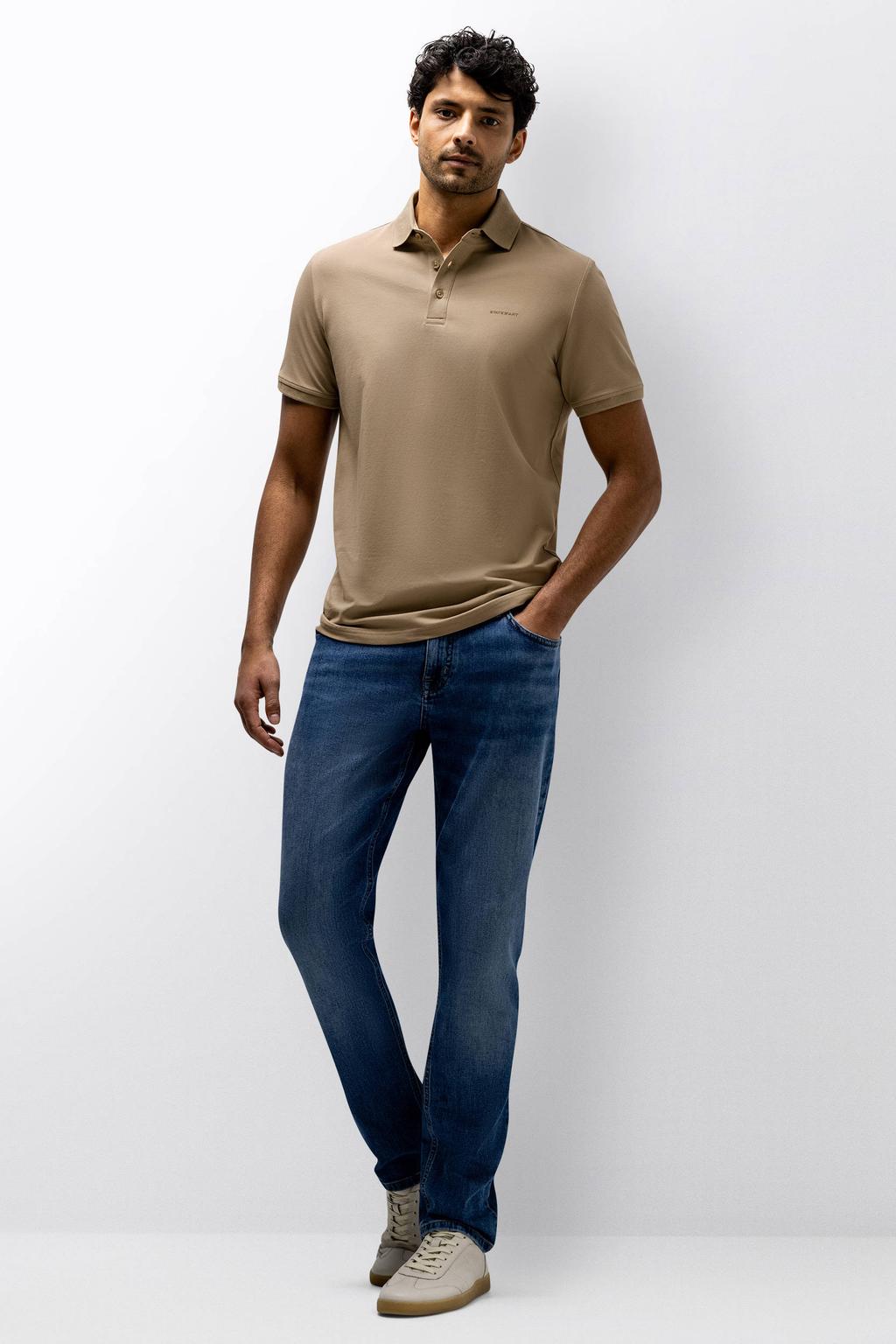 Beige heren State of Art regular polo van katoen met effen, korte mouwen, knoopsluiting en pique