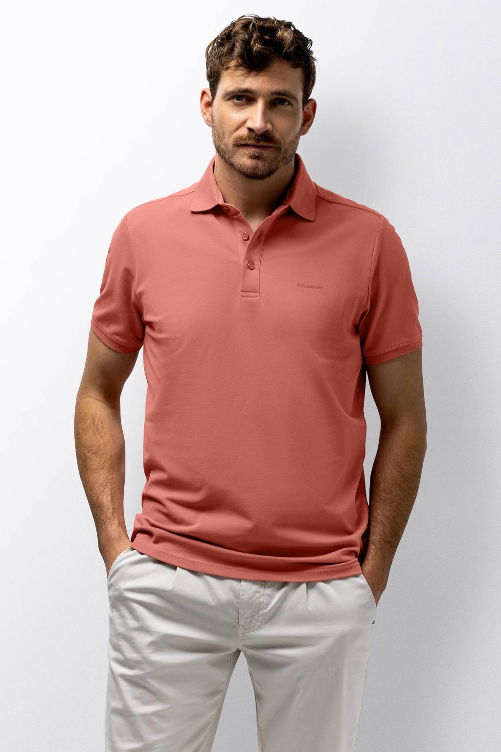 Roze heren State of Art regular polo van katoen met effen, korte mouwen, knoopsluiting en pique