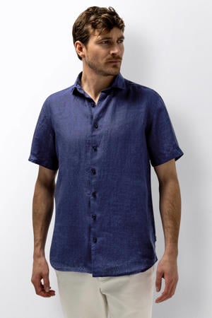 regular casual overhemd met linnen donkerblauw
