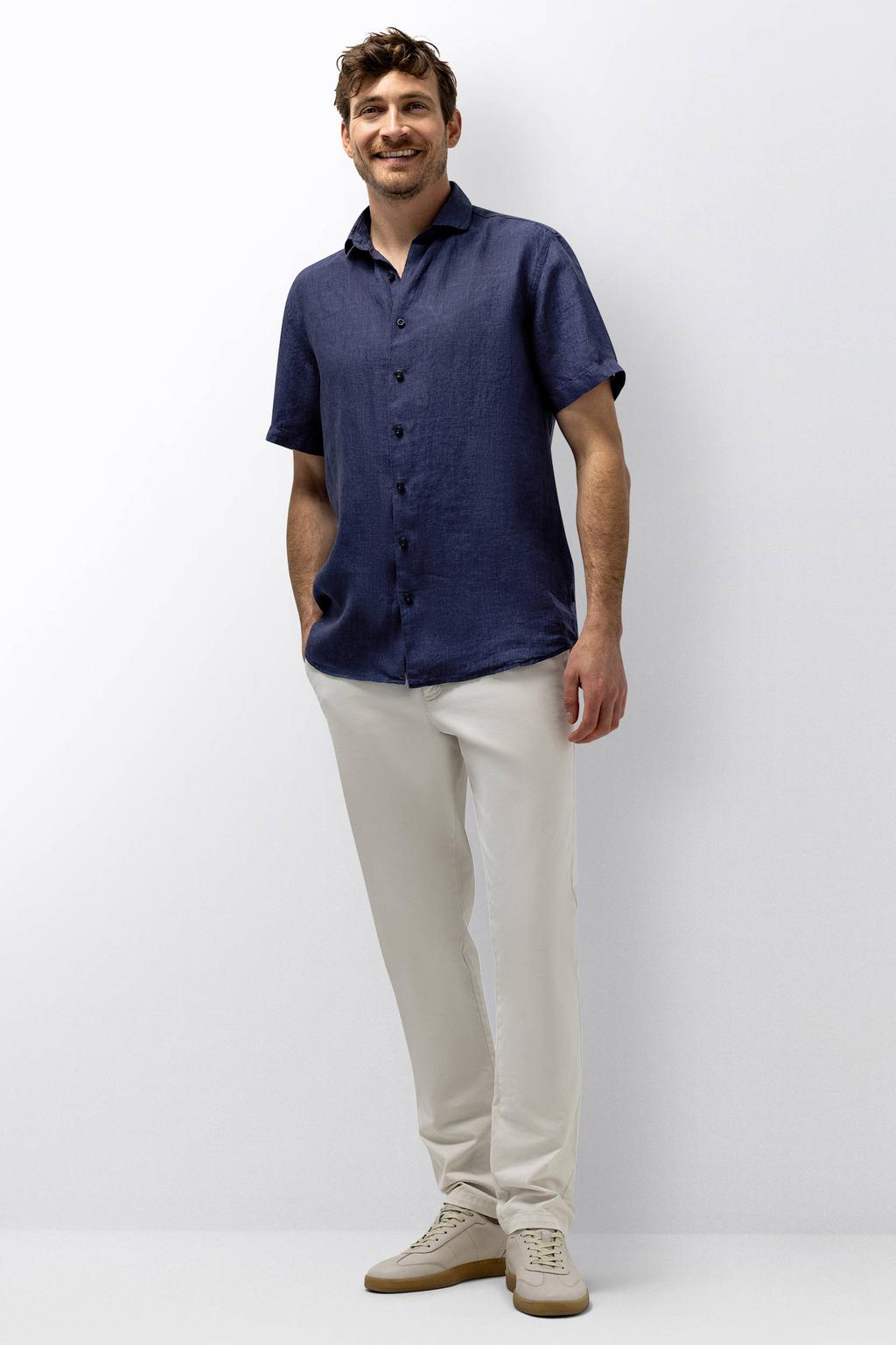 Donkerblauwe heren State of Art regular casual overhemd van linnen met effen, korte mouwen, klassieke kraag en knoopsluiting